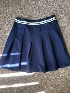 Copper Key Navy Pleated Skirt with Contrast Striped Waistband